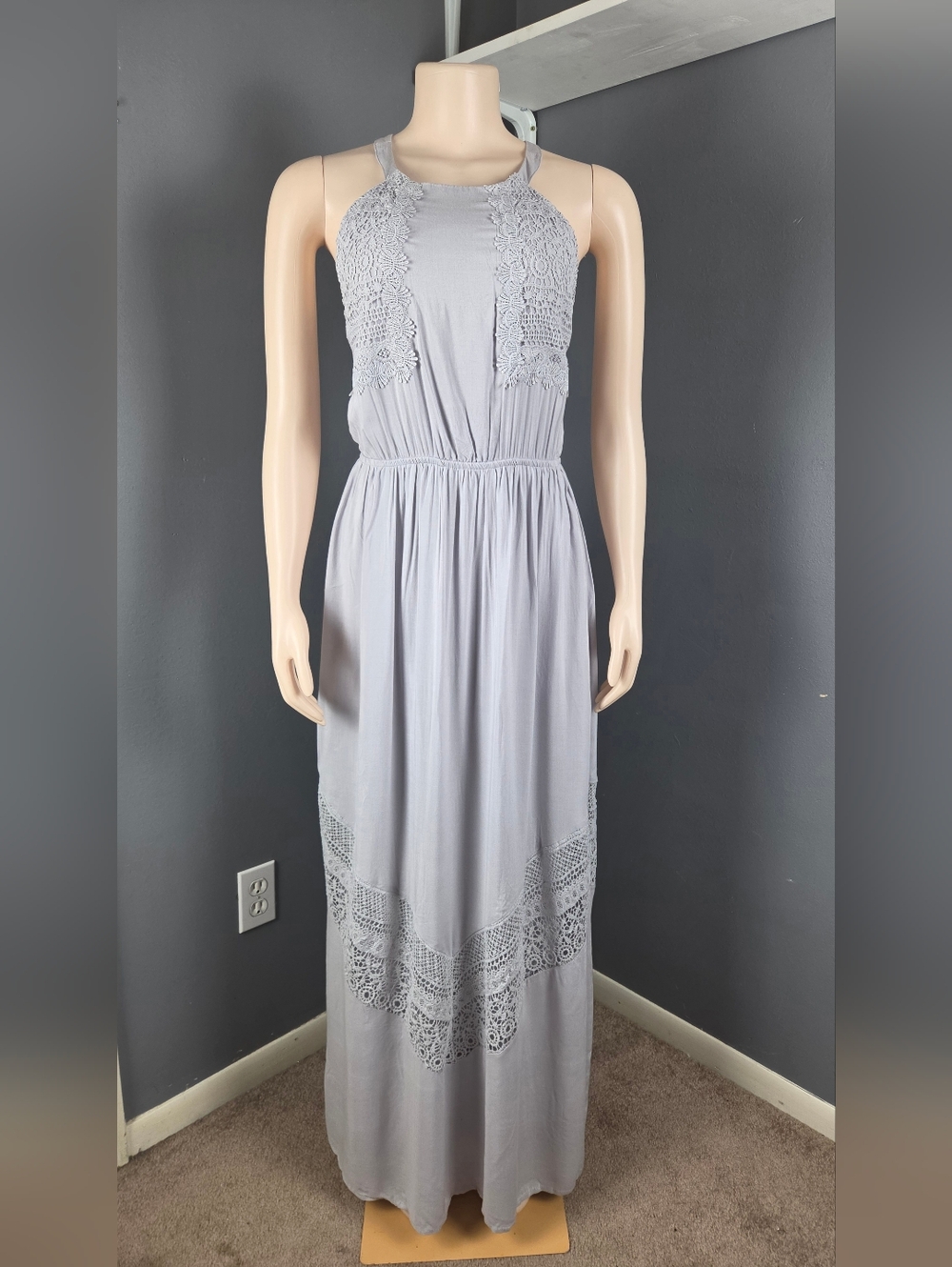 Doe & Rae Light Gray Crochet Halter Maxi Dress